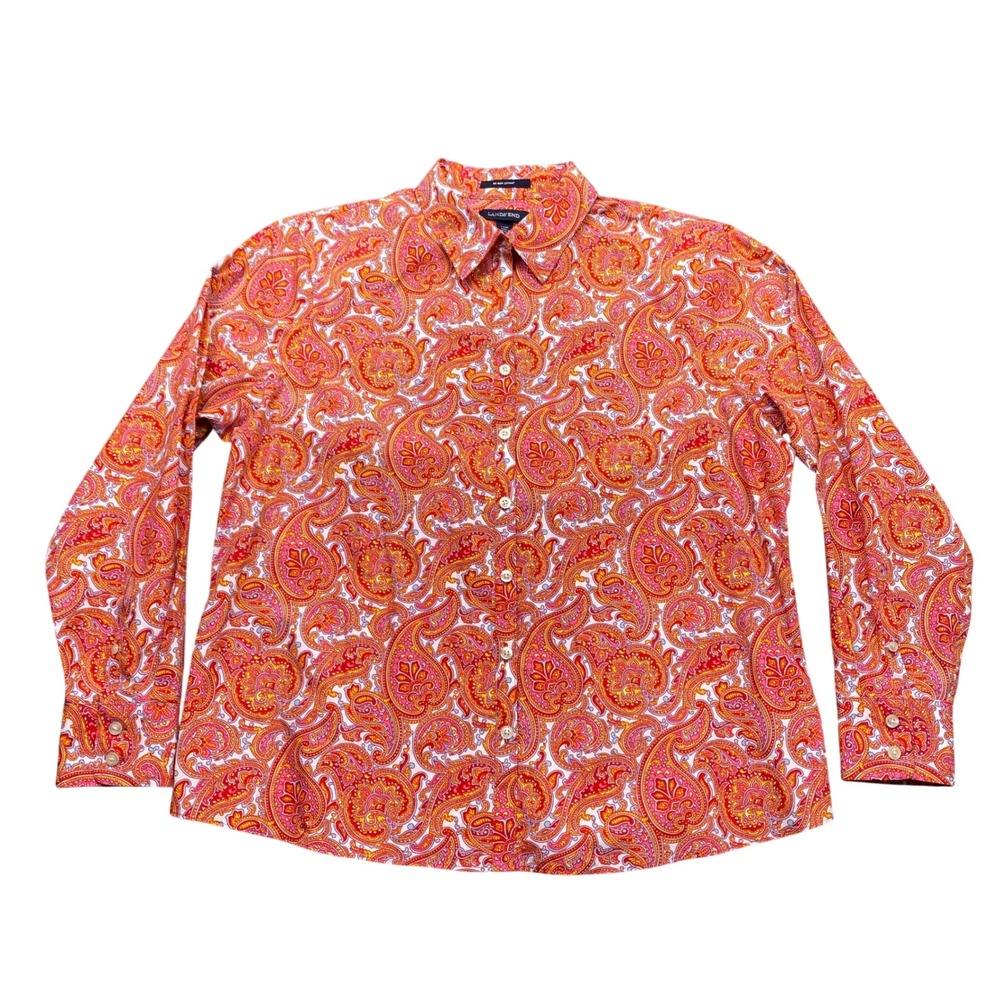 Lands End Orange Pink Paisley No Iron Supima Cotton Shirt 14P 10687